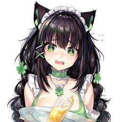 Rule 34 | 1girl, absurdres, animal ears, bare shoulders, black hair, cat ears, choker, commentary, commission, cup, drinking glass, fangs, flying sweatdrops, frills, green eyes, head tilt, highres, holding, holding tray, indie virtual youtuber, kitsunya (vtuber), long hair, looking at viewer, maid headdress, open mouth, simple background, solo, tray, upper body, virtual youtuber, white background, yaya chan