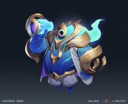 Rule 34 | 1boy, alternate costume, aquarius (zodiac), artist name, bard (league of legends), black background, blue skin, character name, colored skin, facing viewer, gradient background, green hair, grey background, grey jacket, grey pants, holding, jacket, league of legends, long hair, male focus, open clothes, open jacket, pants, see you, short sleeves, solo, space print, starry sky print, vase, zodiac