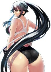 Rule 34 | 10s, 1girl, alternate costume, arm at side, ass, black hair, breasts, competition swimsuit, female focus, from behind, gloves, hair between eyes, hand on own hip, highres, kantai collection, large breasts, light smile, long hair, looking at viewer, looking back, one-piece swimsuit, ponytail, sidelocks, simple background, smile, solo, swimsuit, takamura wamu, very long hair, white gloves, yahagi (kancolle)