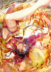 Rule 34 | 1girl, barefoot, black hair, blush, bow, breasts, cherry blossom print, cleavage, commentary request, drink, floral print, food, foot out of frame, frilled sleeves, frills, fruit, hair bow, highres, holding, holding food, holding fruit, japanese clothes, liquid, looking at viewer, medium breasts, multicolored hair, negimapurinn, original, oversized object, parted lips, pink hair, sidelocks, solo, streaked hair, thigh strap, umeshu, upside-down, yellow eyes