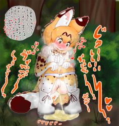 Rule 34 | 1girl, absurdres, animal ears, blonde hair, blush, censored, hands on own knees, highres, kemono friends, outdoors, panties, panty pull, peeing, puddle, pussy, serval (kemono friends), solo, squatting, steam, tail, trembling, underwear
