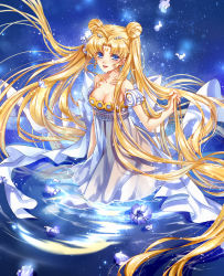 Rule 34 | 1girl, absurdres, bare shoulders, bishoujo senshi sailor moon, blonde hair, blue eyes, bow, breasts, cleavage, crescent, crescent facial mark, dress, facial mark, flower, forehead mark, hair flower, hair ornament, hairpin, highres, kingchenxi, long hair, partially submerged, princess serenity, smile, solo, standing, strapless, strapless dress, tsukino usagi, very long hair, wading, water, white dress