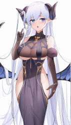 Rule 34 | 1girl, adjusting hair, albion (azur lane), albion (silvermoon faerie princess) (azur lane), arm up, azur lane, black gloves, blue eyes, blue hair, blue wings, blush, bodystocking, breasts, dragon horns, dress, elbow gloves, feet out of frame, gloves, highres, horns, large breasts, light blue hair, long hair, looking at viewer, official alternate costume, open mouth, pointy ears, purple dress, qing wu, solo, standing, underboob, very long hair, white background, wings