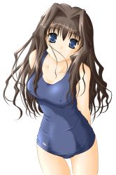 Rule 34 | 1girl, arms behind back, blue eyes, blue one-piece swimsuit, brown hair, covered erect nipples, cowboy shot, hair between eyes, hair intakes, highres, kanon, long hair, looking at viewer, misaka kaori, non-web source, one-piece swimsuit, satomi hidefumi, school swimsuit, simple background, solo, swimsuit, white background