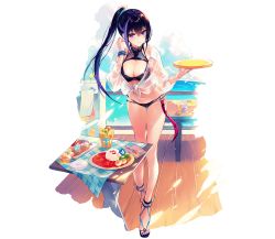 Rule 34 | 1girl, artist request, beach, bikini, black bikini, blue hair, blush, breasts, choker, cleavage, collarbone, command killers (phantom of the kill), cup, dark blue hair, day, deck, food, forcas, fork, fruit, full body, hair between eyes, halterneck, highres, holding, holding plate, large breasts, leaning forward, light blue hair, long hair, looking at viewer, multicolored hair, nail polish, navel, phantom of the kill, plate, ponytail, purple eyes, railing, rice, sandals, see-through, shirt, spoon, standing, swimsuit, table, towel, transparent background, tray, tree, two-tone hair, water, watercraft, wet, wet clothes, wet shirt, wristband