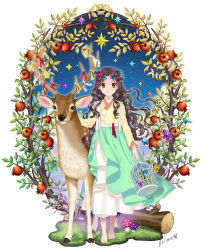 Rule 34 | 1girl, animal, artist name, bad id, bad pixiv id, barefoot, birdcage, briska, brown eyes, brown hair, bug, butterfly, cage, deer, dress, food, fruit, grass, hanbok, head wreath, holding, horn ornament, horn ribbon, horns, insect, korean clothes, log, long sleeves, looking at viewer, mushroom, original, ribbon, sky, smile, solo, standing, star (sky), starry sky, tree, wavy hair