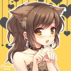 Rule 34 | 1girl, animal ears, bad id, bad pixiv id, bare shoulders, blush, brown hair, choker, dated, earrings, heart, jewelry, lowres, momoko (momopoco), open mouth, original, paw pose, ponytail, short hair, signature, solo, upper body, yellow background, yellow eyes