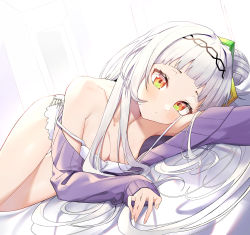 Rule 34 | 1girl, absurdres, alternate costume, blunt bangs, blush, breasts, cleavage, hair bun, hair ornament, highres, hololive, long hair, long sleeves, looking at viewer, lying, murasaki shion, on side, one side up, purple sweater, silver hair, single hair bun, single side bun, small breasts, solo, strap slip, sweater, syhan, thighs, virtual youtuber, yellow eyes