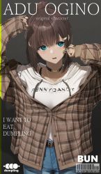Rule 34 | 1girl, belt, black choker, black nails, blue eyes, blue pants, bra strap, brown belt, brown hair, brown jacket, character name, choker, clothes writing, commentary, cover, cowboy shot, dango hair ornament, english text, fake cover, food-themed hair ornament, hair bun, hair ornament, highres, hood, hood down, hoodie, jacket, long sleeves, nail polish, noeru, original, pants, parted lips, plaid, plaid jacket, short hair, sideways glance, single hair bun, solo, standing, symbol-only commentary, white hoodie