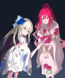 Rule 34 | 2girls, :o, absurdres, baobhan sith (fate), blue bow, blue eyes, blue flower, bow, braid, earrings, fate/grand order, fate (series), floral print, flower, full body, grey background, grey eyes, hair bow, hair flower, hair ornament, hands on own knees, highres, holding, holding flower, japanese clothes, jewelry, kimono, long hair, long sleeves, morgan le fay (fate), morgan le fay (fgo fes. 2023) (fate), mother and daughter, multiple girls, nail polish, nigori (keydoor), obi, pink hair, pointy ears, sash, sidelocks, simple background, single braid, sitting, smile, squatting, white hair, white kimono, wide sleeves, yukata