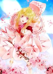 Rule 34 | 1girl, bad id, bad pixiv id, blonde hair, blue sky, bow, capelet, cherry blossoms, dress, female focus, hat, unworn hat, unworn headwear, hino mamori, lily white, open mouth, petals, pink dress, pink eyes, sky, smile, solo, touhou, twig, v arms, wings