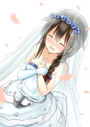 Rule 34 | 10s, 1girl, :d, ^ ^, absurdres, anchor, braid, bridal veil, brown hair, closed eyes, dress, elbow gloves, flower, gloves, hair flaps, hair ornament, hair ribbon, happy tears, highres, jewelry, kantai collection, long hair, open mouth, ornate ring, ribbon, ring, rose, shigure (kancolle), shigure kai ni (kancolle), single braid, single glove, smile, solo, strapless, strapless dress, tears, tsuchikure, veil, wedding, wedding dress, wedding ring