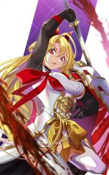 1girl alternate_costume arm_up armor black_gloves blonde_hair cape commentary demon_horns dress floating_hair gloves gold_trim highres holding holding_sword holding_weapon horns japanese_armor kote kurukuru_(p!) long_hair onikiri_yasutsuna parted_lips red_cape red_eyes red_ribbon ribbon single_sode solo splatter sword tachi_(weapon) tenka_hyakken thighhighs weapon white_dress yellow_ribbon