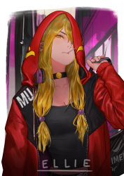 Rule 34 | 1girl, a hat in time, aged up, black shirt, blonde hair, breasts, candy, choker, cleavage, closed mouth, ex-trident, food, headphones, headphones around neck, hood, hoodie, lollipop, long hair, looking at viewer, mustache girl, one eye covered, open clothes, open hoodie, red hoodie, shirt, sidelocks, solo, upper body, yellow eyes, zipper
