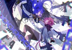 Rule 34 | 2girls, absurdres, angel, arknights, artist name, black gloves, black legwear, black skirt, blue hair, blurry, blurry background, blurry foreground, chain, closed mouth, demon girl, demon horns, demon tail, demon wings, exusiai (arknights), fingerless gloves, floating, floating object, floating weapon, from side, full body, fur trim, gloves, gun, halo, highres, holding, holding polearm, holding weapon, horns, id card, jacket, leaning forward, long hair, long sleeves, looking at another, medium hair, mostima (arknights), multiple girls, outstretched arms, pantyhose, parted lips, polearm, purple eyes, purple hair, purple jacket, red shorts, rifle, shirt, short sleeves, shorts, sidelocks, skirt, sleeve cuffs, smile, submachine gun, tail, thighs, weapon, white jacket, white shirt, wings, yolanda