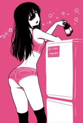 Rule 34 | 1girl, :d, alcohol, ass, back, bare arms, bare shoulders, beer, beer bottle, bottle, cowboy shot, crop top, cyclops, denim, denim shorts, from behind, head tilt, hitomi sensei no hokenshitsu, holding, holding bottle, kneehighs, long hair, looking at viewer, looking back, manaka hitomi, monochrome, one-eyed, open mouth, pink background, refrigerator, shake-o, short shorts, shorts, smile, socks, solo, standing