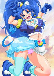 Rule 34 | 10s, 1girl, animal ears, blue eyes, blue gloves, blue hair, blue theme, cure gelato, extra ears, gloves, highres, kirakira precure a la mode, lion ears, lion tail, long hair, looking at viewer, magical girl, midriff, open mouth, panties, pink panties, precure, smile, solo, tail, tategami aoi, thighhighs, thighs, underwear, yamasan (hachiman)