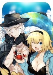 Rule 34 | 1boy, 1girl, animal, bag, black coat, black gloves, black hairband, black hat, black one-piece swimsuit, blonde hair, blue eyes, blue jacket, blush, braid, breasts, cleavage, closed eyes, cloud, coat, collarbone, crab, day, edmond dantes (fate), edmond dantes (monte cristo selection) (fate), fate/grand order, fate (series), glasses, gloves, hair between eyes, hair ornament, hair ribbon, hairband, hat, highres, holding, holding animal, hood, hooded jacket, innertube, jacket, jacket on shoulders, jeanne d&#039;arc (fate), jeanne d&#039;arc (ruler) (fate), jeanne d&#039;arc (swimsuit archer) (fate), jeanne d&#039;arc (swimsuit archer) (first ascension) (fate), large breasts, long hair, looking at viewer, nikame, one-piece swimsuit, one eye closed, open mouth, ponytail, ribbon, scar, signature, single braid, sky, smile, swim ring, swimsuit, topless male, white hair