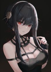 Rule 34 | 1girl, absurdres, bare shoulders, black dress, black gloves, black hair, breasts, cleavage, dagger, dress, fingerless gloves, flower, gloves, gold hairband, hair flower, hair ornament, hairband, highres, knife, large breasts, long hair, looking at viewer, oni kanzei, parted lips, red eyes, rose, sidelocks, smile, spy x family, weapon, yor briar