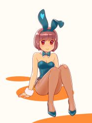 Rule 34 | 1girl, animal ears, blue bow, blue bowtie, blue leotard, blunt bangs, bow, bowtie, brown hair, brown pantyhose, detached collar, fake animal ears, fukusuke hachi-gou, full body, leotard, looking at viewer, original, pantyhose, playboy bunny, rabbit ears, red eyes, scrunchie, short hair, sitting, smile, solo, strapless, strapless leotard, white background