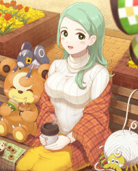 Rule 34 | 1girl, alternate costume, alternate hairstyle, blush stickers, breasts, commentary request, creatures (company), cup, day, disposable cup, eating, flower, food, food on face, game freak, gen 2 pokemon, gen 6 pokemon, green eyes, green hair, heart, heart-shaped pupils, highres, holding, holding cup, katy (pokemon), large breasts, long hair, long sleeves, looking at viewer, min (myna8247), mole, mole on cheek, nintendo, nymble, open mouth, outdoors, pokemon, pokemon (creature), pokemon sv, red flower, sitting, skirt, smile, steam, sweater, symbol-shaped pupils, tarountula, teddiursa, vivillon, white sweater, yellow skirt