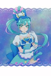 Rule 34 | 1girl, aizen (syoshiyuki), back bow, blue background, blue bow, blue eyes, blue hair, blue theme, bow, brooch, cowboy shot, cure spicy, delicious party precure, detached collar, earrings, fuwa kokone, gloves, hair bow, hair ornament, hair rings, heart, heart brooch, highres, huge bow, jewelry, layered skirt, long hair, looking at viewer, magical girl, multicolored hair, pink hair, ponytail, precure, skirt, solo, standing, two-tone hair, white gloves