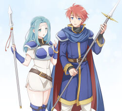 Rule 34 | 1boy, 1girl, aqua hair, armor, blue eyes, blue footwear, blue gloves, boots, breastplate, cape, commentary request, dress, eliwood (fire emblem), fingerless gloves, fiora (fire emblem), fire emblem, fire emblem: the blazing blade, gloves, ham pon, headband, highres, holding, holding polearm, holding weapon, long hair, long sleeves, nintendo, pegasus knight uniform (fire emblem), polearm, red hair, short dress, short hair, short sleeves, side slit, simple background, smile, thigh boots, weapon, white dress