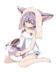 1girl animal_ears arknights artist_name barefoot black_choker black_panties blue_eyes blush bracelet camisole choker citron80citron closed_mouth collarbone cowlick double-parted_bangs dress fox_ears fox_girl fox_tail hair_between_eyes highres holding holding_brush jewelry material_growth oripathy_lesion_(arknights) panties panty_peek purple_hair short_hair simple_background sitting smile solo sussurro_(arknights) tail toes underwear wariza white_background white_dress