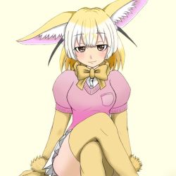 Rule 34 | 10s, 1girl, :3, animal ears, arms at sides, bad id, bad twitter id, blonde hair, blush, bow, bowtie, breast pocket, breasts, brown eyes, buttons, closed mouth, crossed legs, dress shirt, elbow gloves, eyebrows, facing viewer, fennec (kemono friends), fox ears, gloves, hair between eyes, kemono friends, looking at viewer, medium breasts, miniskirt, multicolored hair, pink shirt, pleated skirt, pocket, puffy short sleeves, puffy sleeves, shirt, short hair, short sleeves, sitting, skirt, solo, thighhighs, undershirt, white hair, white shirt, white skirt, yellow bow, yellow bowtie, yellow gloves, yellow thighhighs, yokoyan9322, zettai ryouiki