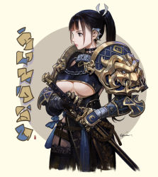 Rule 34 | 1girl, armor, beige background, black choker, black hair, black thighhighs, blunt bangs, breasts, choker, clothing cutout, commentary, covered erect nipples, cowboy shot, cropped legs, earclip, etama quomo, fighting stance, frown, garter straps, gauntlets, gloves, grey background, hair ribbon, hand on hilt, holding, holding sword, holding weapon, jewelry, katana, large breasts, long hair, no bra, original, pauldrons, pelvic curtain, ponytail, ready to draw, ribbon, scabbard, serious, sheath, sheathed, shoulder armor, signature, solo, sword, thighhighs, translation request, underboob, underboob cutout, weapon, white background, yellow background