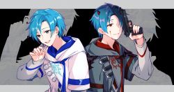 Rule 34 | 2boys, :d, belt, black background, blood, blood on face, blue eyes, blue hair, conchitwa, dark persona, demon horns, dual persona, grey jacket, gun, hand up, handgun, highres, holding, holding gun, holding weapon, holostars, holostars english, hood, hood down, hooded jacket, horns, jacket, layered sleeves, letterboxed, long sleeves, looking at viewer, male focus, multiple boys, open mouth, outside border, parted bangs, parted lips, red eyes, regis altare, shirt, short hair, short over long sleeves, short sleeves, silhouette, smile, teeth, upper body, upper teeth only, virtual youtuber, weapon, white belt, white jacket, white shirt