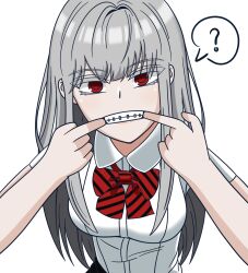 1girl ? black_skirt disgust female_focus fingers_in_mouth grey_hair hero_killer highres ihwa_(hero_killer) jihoo long_hair looking_at_viewer open_mouth red_eyes school_uniform shirt simple_background skirt solo very_long_hair white_background white_shirt