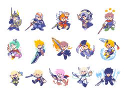 Rule 34 | 3girls, 6+boys, absurdres, animal ears, armor, axe, black hair, blonde hair, brown hair, bartz klauser, byronb, cape, cat ears, cat girl, cat tail, cecil harvey, chibi, cloud strife, commentary, dagger, detached sleeves, dual wielding, final fantasy, final fantasy i, final fantasy ii, final fantasy iii, final fantasy iv, final fantasy ix, final fantasy v, final fantasy vi, final fantasy vii, final fantasy viii, final fantasy x, final fantasy xi, final fantasy xii, final fantasy xiii, final fantasy xiv, final fantasy xv, fire, firion, frown, gloves, greatsword, gunblade, headband, helmet, highres, holding, jacket, knife, lightning farron, looking at viewer, multiple boys, multiple girls, noctis lucis caelum, onion knight, pantyhose, pink hair, polearm, serious, shantotto, shield, silver hair, smile, spiked hair, squall leonhart, staff, sword, tail, tidus, tina branford, trident, vaan, warrior of light (ff1), weapon, y&#039;shtola rhul, zidane tribal