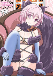 Rule 34 | 1girl, animal ears, black panties, blue gloves, blue thighhighs, breasts, choker, cleavage, eyes visible through hair, fang, fang out, fate/grand order, fate (series), fou (fate), gloves, hair between eyes, hair over one eye, happy halloween, head tilt, large breasts, looking at viewer, mash kyrielight, mash kyrielight (dangerous beast), natsuzakura yuuki, navel, official alternate costume, panties, pink hair, red eyes, revealing clothes, shiny skin, short hair, sitting, smile, solo, tail, thighhighs, underwear, wolf ears, wolf tail