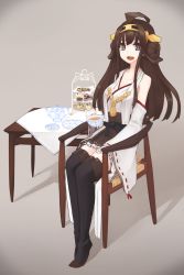 Rule 34 | 10s, 1girl, :d, bad id, bad pixiv id, bare shoulders, black thighhighs, boots, brown hair, cake, cake slice, chair, cookie, cup, detached sleeves, double bun, food, full body, grey eyes, hair bun, highres, kantai collection, kongou (kancolle), long hair, looking at viewer, mikoto (oi plus), nontraditional miko, open mouth, ribbon-trimmed sleeves, ribbon trim, sandwich, sitting, smile, solo, strawberry shortcake, table, tablecloth, tea, tea set, teacup, teapot, thigh boots, thighhighs, tiered serving stand, tiered tray, zettai ryouiki