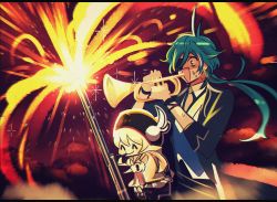 Rule 34 | 1boy, 1girl, :d, ^ ^, absurdres, black hair, blonde hair, closed eyes, commentary, earrings, enpitsu01, explosion, eyepatch, eyes visible through hair, genshin impact, hair between eyes, hat, highres, holding, holding instrument, instrument, instrument request, jewelry, kaeya (genshin impact), klee (genshin impact), long hair, low ponytail, low twintails, music, official alternate costume, open mouth, playing instrument, pointy ears, sidelocks, simple background, sitting, smile, surprised, sweat, symbol-only commentary, trumpet, twintails