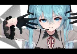 Rule 34 | 1girl, absurdres, black gloves, blue eyes, blue hair, blurry, blurry foreground, brown shirt, collared shirt, depth of field, gloves, hair between eyes, hair ornament, half gloves, hatsune miku, headset, highres, hijouguti, letterboxed, long sleeves, lower teeth only, neck ribbon, parted lips, red ribbon, ribbon, shirt, solo, teeth, twintails, upper body, vocaloid