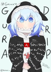 Rule 34 | absurdres, blue eyes, blue hair, colored skin, cosplay, dripping, gawr gura, highres, hololive, hololive english, holomyth, looking at viewer, simple background, smile, virtual youtuber, white skin