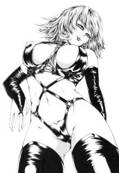 Rule 34 | 1girl, bdsm, between breasts, braid, breasts, bridal gauntlets, calligraphy pen (medium), dominatrix, eyelashes, greyscale, harness, hasebe (model21), highres, izayoi sakuya, large breasts, latex, lips, looking at viewer, looking down, millipen (medium), monochrome, nib pen (medium), scan, short hair, side braid, simple background, skin tight, smile, solo, thighhighs, touhou, traditional media, twin braids, white background