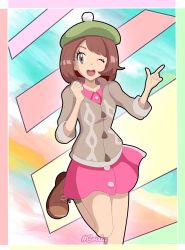 Rule 34 | 1girl, absurdres, artist name, boots, brown eyes, brown footwear, brown hair, child, clenched hands, collarbone, creatures (company), dress, eyelashes, feet up, female focus, flat chest, game freak, gen 8 pokemon, gloria (pokemon), green headwear, grey jacket, hands up, happy, hat, highres, index finger raised, jacket, legs, looking at viewer, matching hair/eyes, medium hair, multicolored background, neck, nintendo, one eye closed, open mouth, pink dress, pokemon, pokemon swsh, side bangs, socks, standing, standing on one leg, tam o&#039; shanter, viper3n3n3 (cristy), wink