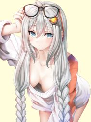 Rule 34 | 1girl, arm up, bad id, bad pixiv id, black-framed eyewear, blue eyes, blush, braid, breasts, brown background, closed mouth, collarbone, downblouse, eyewear on head, glasses, grey hair, hair between eyes, hair ornament, highres, kizuna akari, leaning forward, long hair, long sleeves, looking at viewer, low twintails, medium breasts, murano, shirt, simple background, solo, standing, star (symbol), twin braids, twintails, very long hair, voiceroid, white shirt