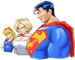 Rule 34 | 1boy, 2girls, absurdres, breast envy, breasts, cape, cleavage cutout, clothing cutout, dc comics, girl staring at guy&#039;s chest (meme), headband, highres, large breasts, long hair, medium breasts, multiple girls, power girl, ratf, short hair, supergirl, superman