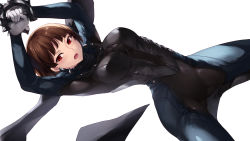 Rule 34 | 1girl, arms up, blue bodysuit, blush, bodysuit, breasts, brown hair, cait aron, gloves, highres, large breasts, long sleeves, looking at viewer, niijima makoto, open mouth, persona, persona 5, red eyes, short hair, simple background, solo, white background, white gloves