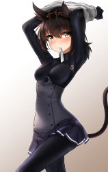 Rule 34 | 10s, 1girl, absurdres, anchor, antenna hair, black skirt, bodysuit, breasts, brown hair, cat tail, frown, hair between eyes, hair flaps, hatsuzuki (kancolle), highres, kantai collection, kemonomimi mode, looking at viewer, md5 mismatch, mouth hold, nekodayo22, pantyhose, pleated skirt, shirt, short hair, simple background, skin tight, skirt, small breasts, solo, standing, tail, tareme, two side up, underbust, undressing, white background, white shirt, yellow eyes