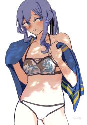 Rule 34 | 1girl, bikini, blue eyes, blue hair, blue towel, contrapposto, cowboy shot, gotland (kancolle), highres, kantai collection, kazeaki, leaf print, long hair, looking at viewer, mismatched bikini, mole, mole under eye, navel, one-hour drawing challenge, simple background, solo, swimsuit, towel, white background