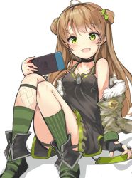 Rule 34 | 1girl, :d, ahoge, black choker, blush, boots, breasts, brown hair, camouflage, choker, convenient leg, dog tags, double bun, fingerless gloves, fur trim, girls&#039; frontline, gloves, green eyes, hair bun, head tilt, highres, holding, j young, jacket, knees up, long hair, long sleeves, looking at viewer, nintendo switch, off shoulder, open mouth, rfb (girls&#039; frontline), shirt, simple background, sitting, skirt, sleeveless, sleeveless shirt, small breasts, smile, socks, solo, striped clothes, striped socks, vertical-striped clothes, vertical-striped socks, white background