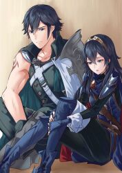 Rule 34 | 1boy, 1girl, ameno (a meno0), arm tattoo, armor, asymmetrical clothes, black sweater, blue cape, blue eyes, blue gloves, blue hair, cape, chrom (fire emblem), closed mouth, crests (fire emblem), father and daughter, fingerless gloves, fire emblem, fire emblem awakening, gloves, hair between eyes, half-closed eyes, long hair, long sleeves, looking at another, lucina (fire emblem), nintendo, pauldrons, red cape, ribbed sweater, short hair, shoulder armor, single pantsleg, single sleeve, sitting, sweater, tattoo, tiara, two-tone cape, white cape