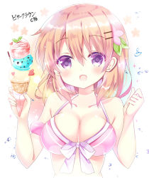 Rule 34 | 1girl, :d, bare arms, bare shoulders, bikini, bitter crown, blush, breasts, brown hair, cleavage, collarbone, commentary request, fingernails, food, gochuumon wa usagi desu ka?, hair between eyes, hair ornament, hairclip, heart, holding, holding food, hoto cocoa, ice cream, ice cream cone, long hair, medium breasts, open mouth, pink bikini, purple eyes, smile, solo, swimsuit, translation request, triple scoop, upper body, water drop