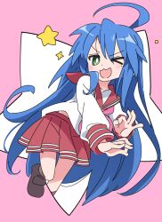 Rule 34 | 1girl, :3, :d, ahoge, blue hair, collarbone, commentary request, full body, green eyes, hair between eyes, huge ahoge, ixy, izumi konata, light blush, loafers, long hair, long sleeves, looking at viewer, lucky star, mole, mole under eye, neckerchief, one eye closed, open mouth, pink background, pink neckerchief, pleated skirt, red sailor collar, red skirt, ryouou school uniform, sailor collar, school uniform, serafuku, shoes, simple background, skirt, smile, solo, star (symbol), very long hair