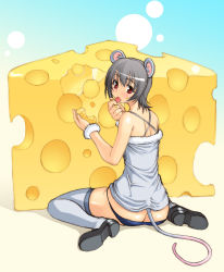 Rule 34 | animal ears, ass, bonten karasu, cheese, food, grey hair, highres, mini person, minigirl, mouse ears, mouse tail, panties, red eyes, solo, tail, tank top, thighhighs, underwear